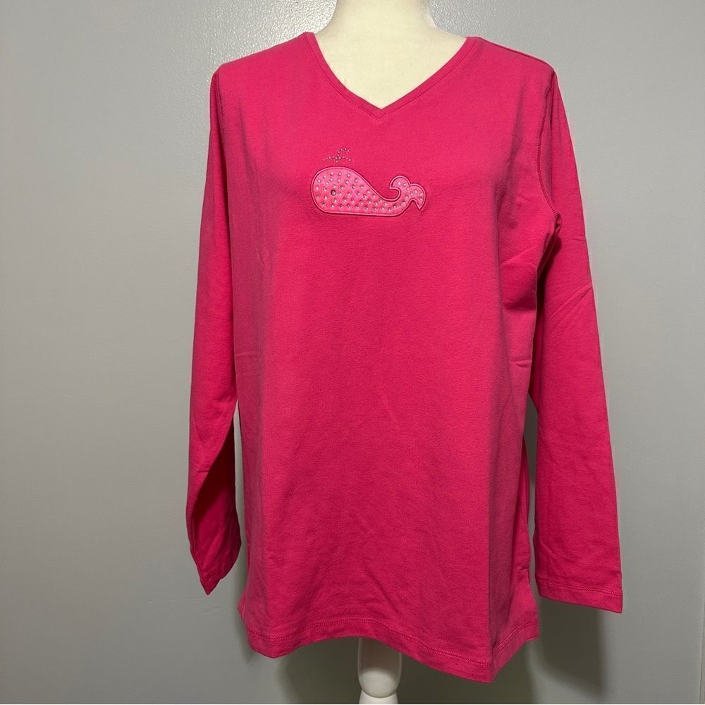 The Quacker Factory Long Sleeve Pink Shirt With Size M Vneck EUC